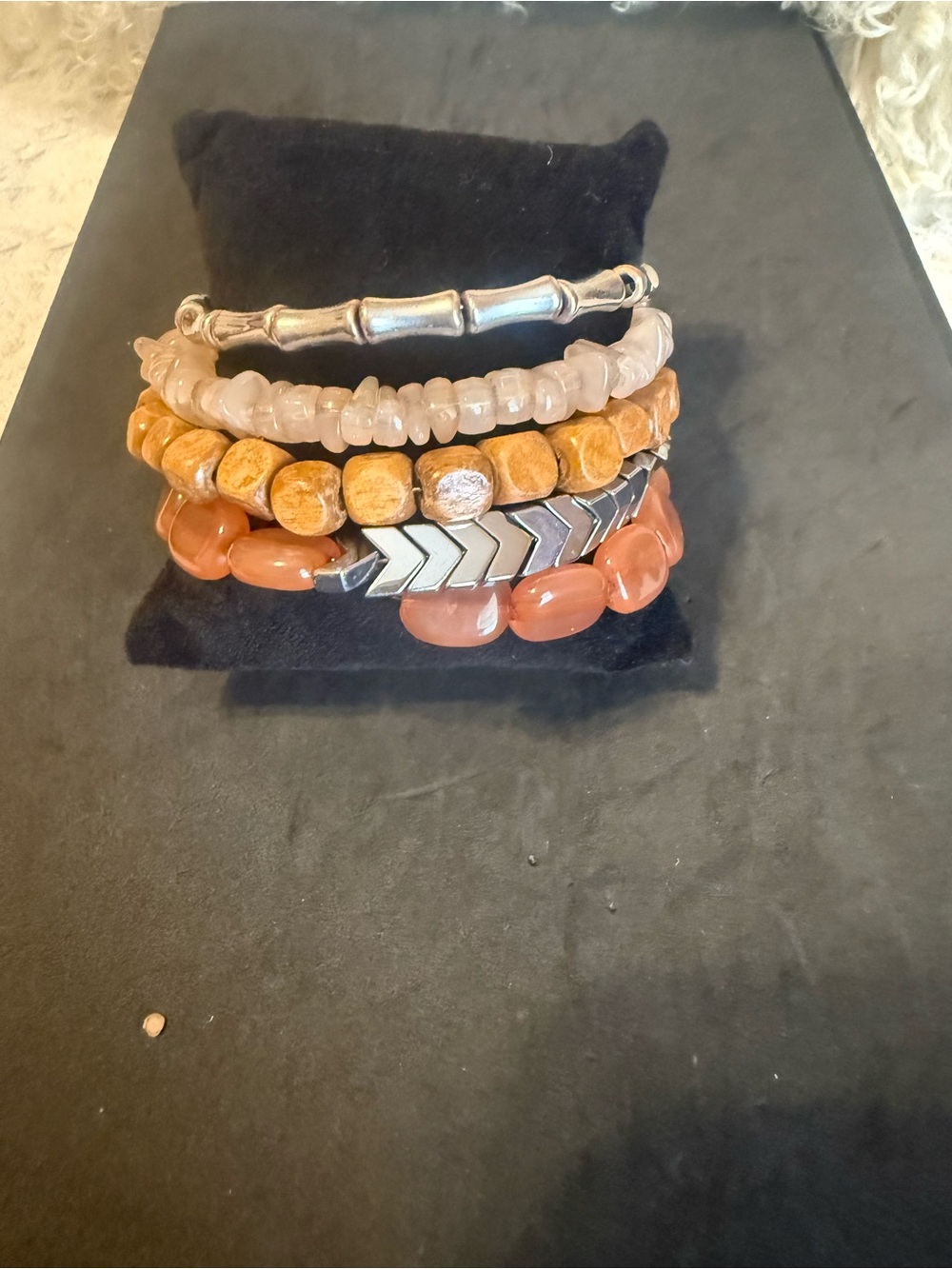 Beaded and Metal Coil Set in Peach, Beige & Silver